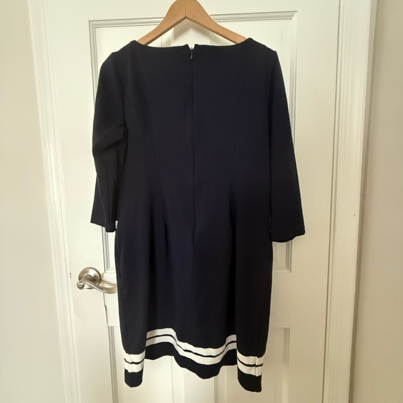 Talbots Size 12 Petite Navy Blue and white 3/4 Sleeve Knit Stretchy Sheath Dress - Picture 3 of 5